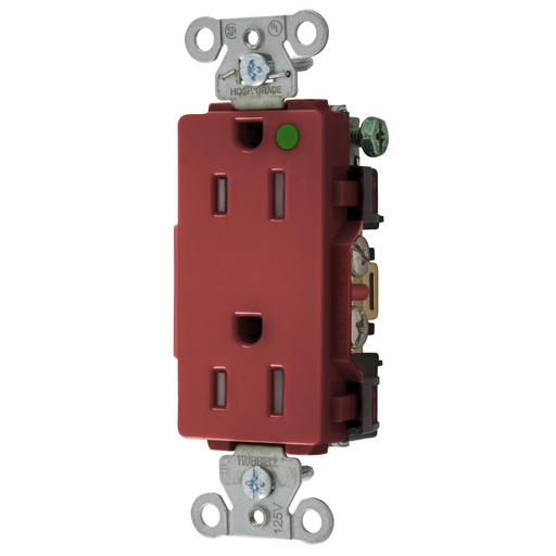 Product image for Hubbell 2172REDTRA Straight Blade Device, Tamper Resistant Decorator Duplex Receptacle, Hospital Grade, Hubbell-Pro, 15A 125V, 2- Pole 3-Wire Grounding, 5-15R, Red