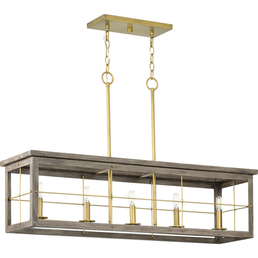 Product image for Progress P400254-175 Hedgerow Collection Five-Light Distressed Brass and Aged Oak Farmhouse Style Linear Island Chandelier Light