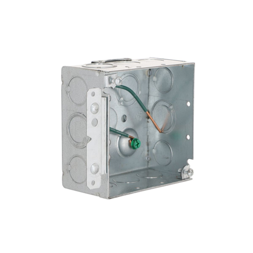 Product image for Raco 232H 4" Square Box, Welded, 2-1/8" Deep, Ten 1/2" KO's and Six TKO's, Raised Ground, 8" #12 Solid Copper Pigtail, UBS, HM Bracket