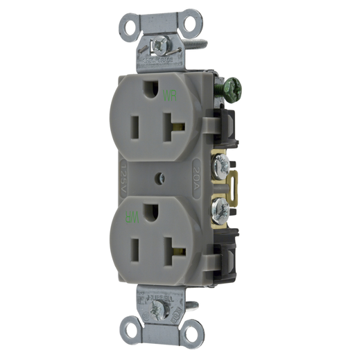 Mayer-DDS-Straight Blade Devices, Receptacles, Weather-Resistant Duplex, Commercial/Industrial Grade, 2-Pole 3-Wire, Grounding, 20A 125V, 5- 20R, Gray, Single Pack-1