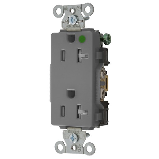 Product image for Hubbell 2182GYTRA Straight Blade Device, Tamper Resistant Decorator Duplex Receptacle, Hospital Grade, Hubbell-Pro, 20A 125V, 2- Pole 3-Wire Grounding, 5-20R, Gray