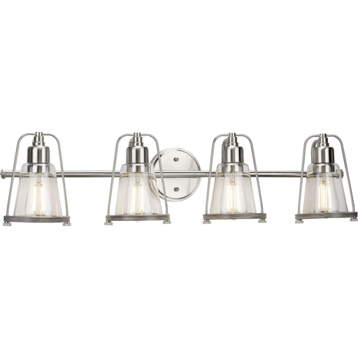 Product image for Progress P300298-009 Conway Collection Four-Light Brushed Nickel and Clear Seeded Farmhouse Style Bath Vanity Wall Light