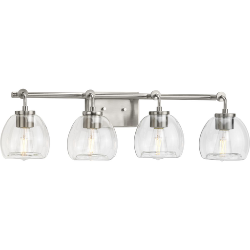 Product image for Progress P300348-009 Caisson Collection Four-Light Brushed Nickel Clear Glass Urban Industrial Bath Vanity Light