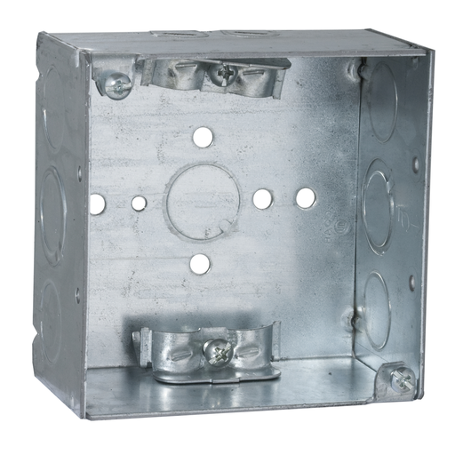 Product image for Raco 242 4" Square Box, Welded, 2-1/8" Deep with NMSC Clamps, Five 1/2" KO's and Two TKO