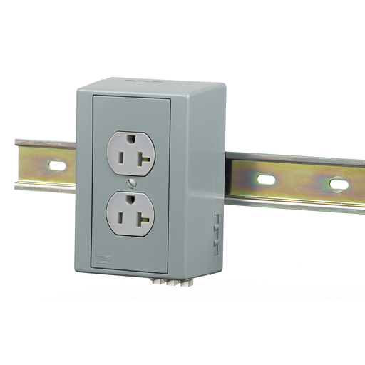 DIN Rail Utility Box, Complete Unit- Duplex Receptacle, DIN Rail Box, 20A Duplex, Gray