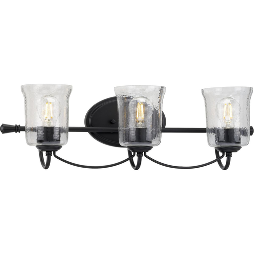 Product image for Progress P300255-031 Bowman Collection Three-Light Matte Black Clear Chiseled Glass Coastal Bath Vanity Light