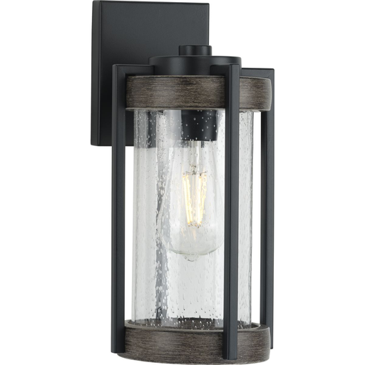 Product image for Progress P560281-31M Whitmire Collection One-Light Matte Black with Aged Oak Accents Clear Seeded Glass Farmhouse Outdoor Wall Lantern Light