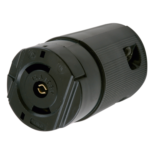 Mayer-DDS-Locking Devices, Midget Twist-Lock®, Valise®, Female Connector Body, 15A 125V AC, 2-Pole 3-Wire Grounding, NEMA ML-2R, Screw Terminal, Black.-1