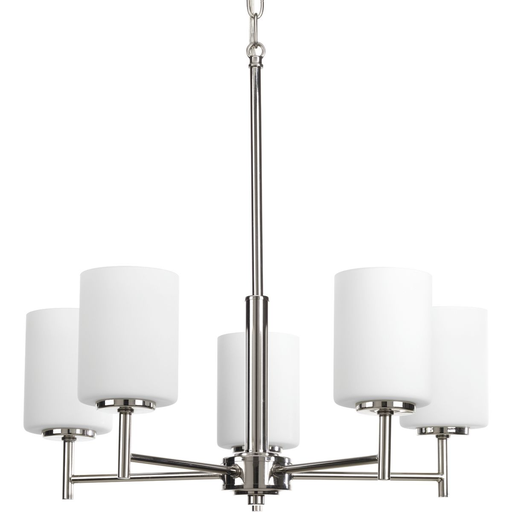 Product image for Progress P4319-104 Replay Collection Five-Light Polished Nickel Etched White Glass Modern Chandelier Light