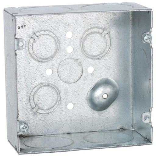 Mayer-DDS-4-11/16 in. Square Box, Welded, 2-1/8 in. Deep with One 1/2 in. KO, Six 1-1/4 in., Three TKO's, Raised-1