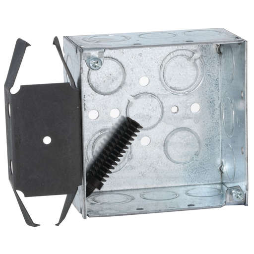 Product image for Raco 238 4" Square Box, Welded, 2-1/8 Deep, Nine 1/2" KO's & Five TKO's, BOX-LOC MS Bracket, Flush