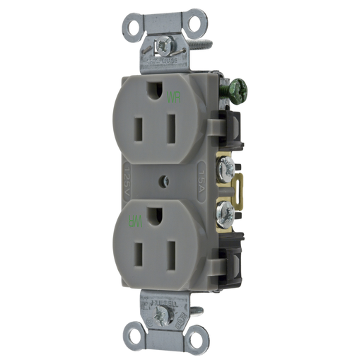 Straight Blade Devices, Receptacles, Weather-Resistant Duplex, Commercial/Industrial Grade, 2-Pole 3-Wire Grounding, 15A 125V, 5-15R, Gray, Single Pack