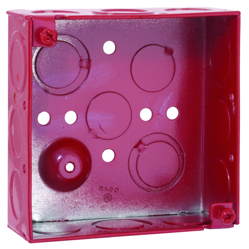 Product image for Raco 911-9 4" Life Safety Square Box, Welded, 1-1/2" Deep, Ten 1/2" KO's and Six TKO's, Red