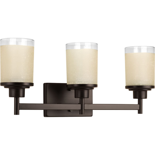 Product image for Progress P2978-20 Alexa Collection Three-Light Antique Bronze Etched Umber Linen With Clear Edge Glass Modern Bath Vanity Light