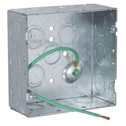 Product image for Raco 257SM 4-11/16" Square Box, Welded, 2-1/8" Deep with (1) 1/2" KO & (15) TKO's, Raised, 10" #12 Stranded Copper Pigtail