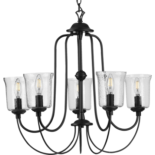 Product image for Progress P400194-031 Bowman Collection Five-Light Matte Black Clear Chiseled Glass Coastal Chandelier Light