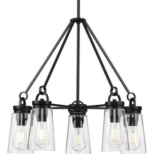 Product image for Progress P400243-031 Stockbrace Collection Five-Light Matte Black and Clear Glass Farmhouse Style Chandelier Light