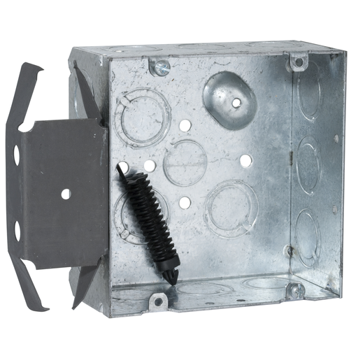 Product image for Raco 266 4-11/16" Square Box, Welded, 2-1/8" Deep with (1) 1/2" KO & (12) TKO's, Raised, BOC-LOC MS Bracket, Flush