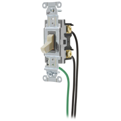 Switches and Lighting Controls, Spec Grade, Toggle Switches, General Purpose AC, Single Pole, 15A 120/277V AC, Back and Side Wired, Pre-Wired with 8" #12 THHN, Ivory