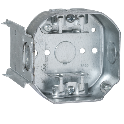 157 - 4 in. Octagon Box, Drawn, 1-1/2 in. Deep, Three 1/2 in. KO's & AC/MC/Flex Clamps, J Bracket