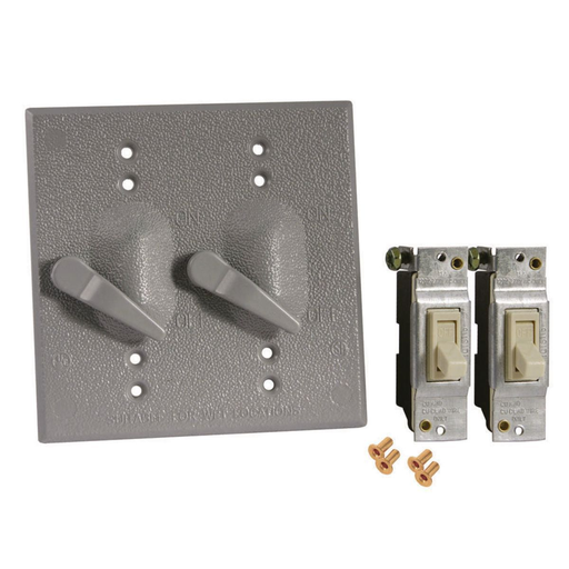 Product image for Bell 5124-0 2-Gang Weatherproof Cover, 2-Toggle Single Pole 125V, 15A Switches Included, Gray