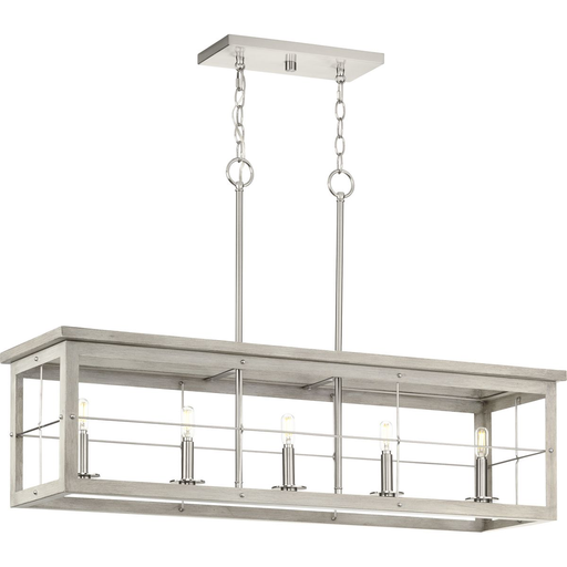 Product image for Progress P400254-009 Hedgerow Collection Five-Light Brushed Nickel and Grey Washed Oak Farmhouse Style Linear Island Chandelier Light