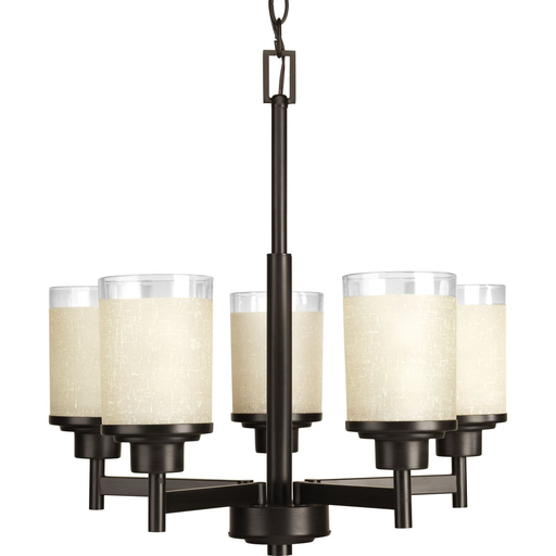 Product image for Progress P4459-20 Alexa Collection Five-Light Antique Bronze Etched Umber Linen With Clear Edge Glass Modern Chandelier Light