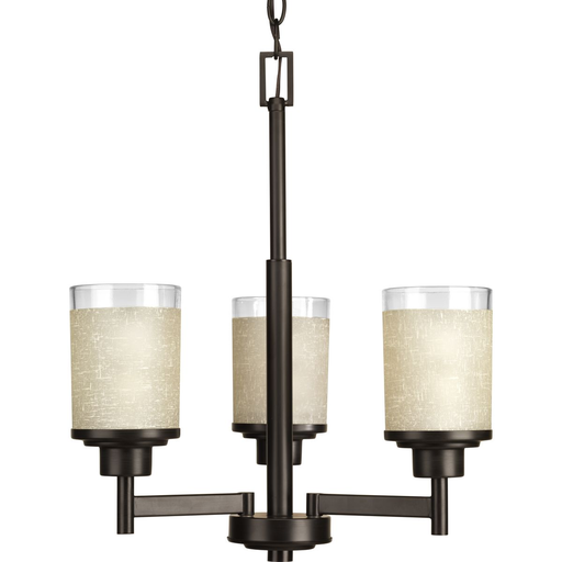 Product image for Progress P4458-20 Alexa Collection Three-Light Antique Bronze Etched Umber Linen With Clear Edge Glass Modern Chandelier Light