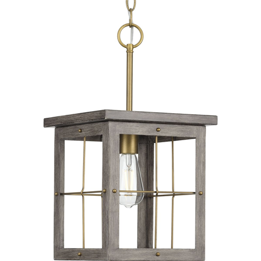 Product image for Progress P500317-175 Hedgerow Collection One-Light Distressed Brass and Aged Oak Farmhouse Style Hanging Mini-Pendant Light