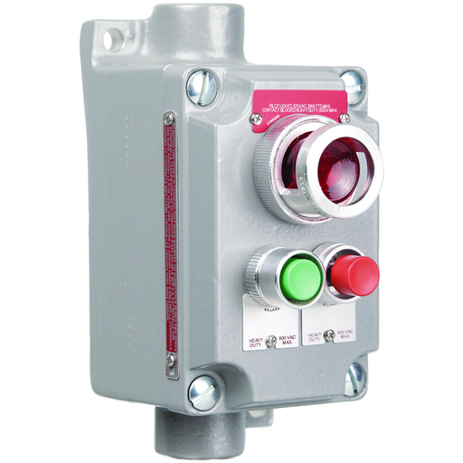 Product image for Killark XCS-5A15 XCS Series- Cover with Device - Aluminum Feed-Thru Momentary Contact Two Mini Red-Green Push Buttons And Red Pilot Light - Hub Size 3/4"
