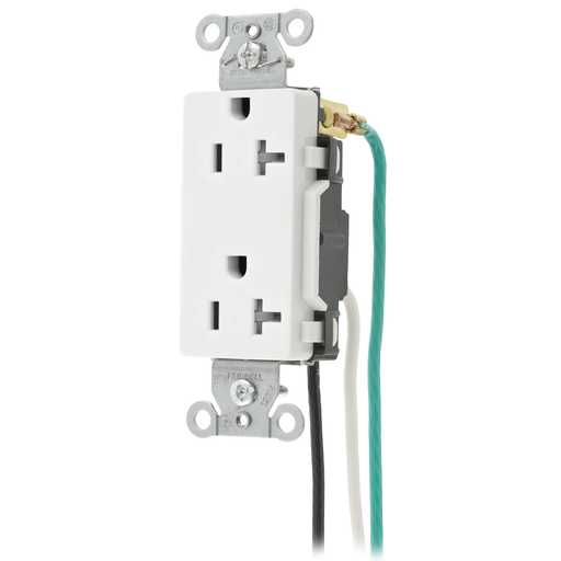 Straight Blade Devices, Tamper Resistant Receptacle, Decorator Duplex, 20A 125V, 2-Pole 3-Wire Grounding, 5-20R, White, Pre-Wired 8" Solid Leads