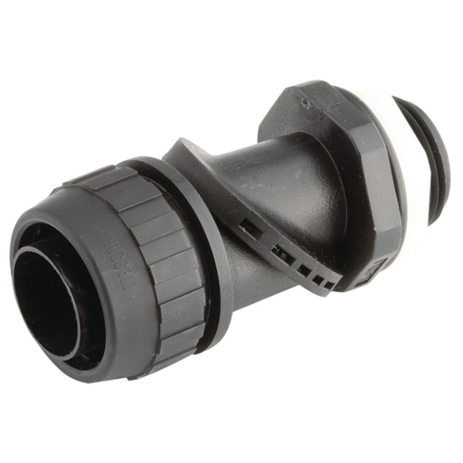 Product image for RACO 4754 1 Inch Black Nylon Insulated Throat Multi-Position 90 Degrees Flexible Liquidtight Conduit Connector