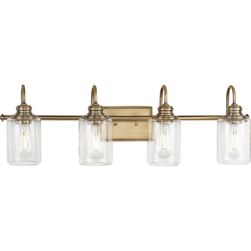 Product image for Progress P300323-163 Aiken Collection Four-Light Vintage Style Brass Clear Glass Farmhouse Style Bath Vanity Wall Light