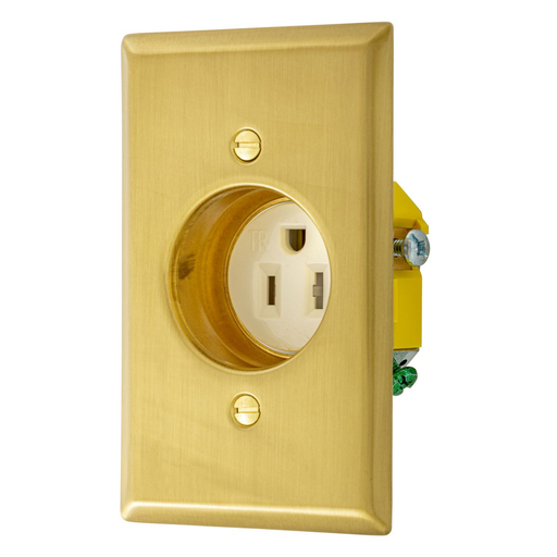 Product image for Hubbell Wiring Devices RR151CHBSTR 15 Amp 125 Volt 2-Pole 3-Wire NEMA 5-15R Brass Clock Hanger Recessed Receptacle