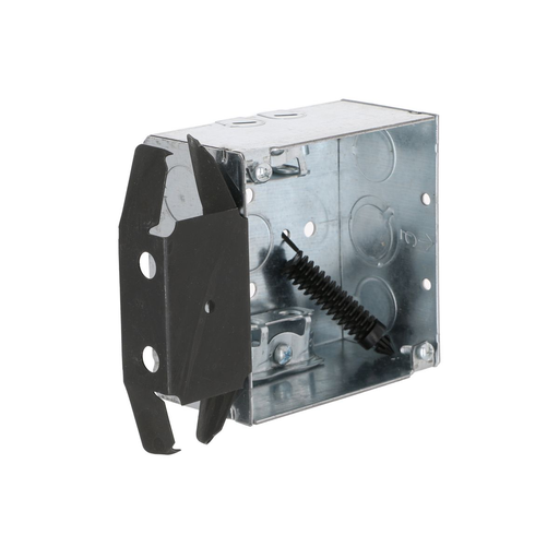 Product image for Raco 243 4" Square Box, Welded, 2-1/8" Deep with AC/MC/Flex Clamps, Three 1/2" KO's and One TKO, BOX-LOC, MS Bracket, Flush