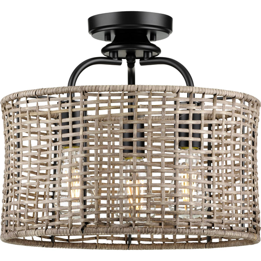 Product image for Progress P350183-031 Lavelle Collection Three-Light Matte Black and Mocha finish Rattan Convertible Semi-Flush Ceiling or Hanging Pendant Light