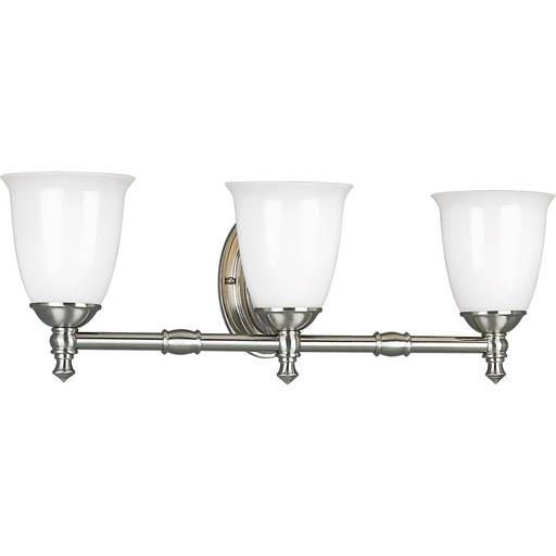 Product image for Progress P3029-09 Victorian Collection Three-Light Brushed Nickel White Opal Glass Farmhouse Bath Vanity Light