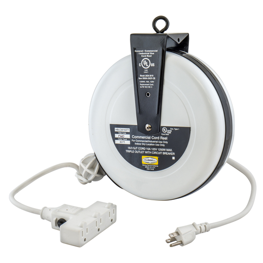 Product image for Hubbell HBLC30163TT Cord Reel, 30ft 16/3 SJEO Cord w/ Triple Tap Outlet