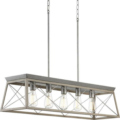 Product image for Progress P400048-141 Briarwood Collection Five-Light Galvanized and Bleached Oak Farmhouse Style Linear Island Chandelier Light