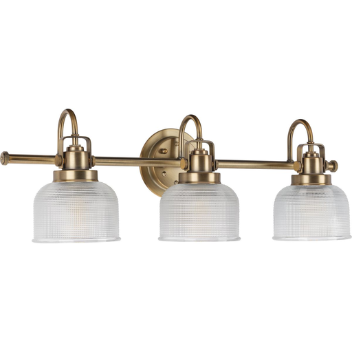 Product image for Progress P2992-163 Archie Collection Three-Light Vintage Brass Clear Double Prismatic Glass Coastal Bath Vanity Light
