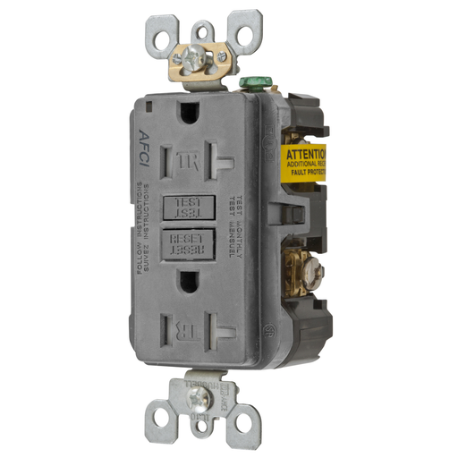 Product image for Hubbell AFR20TRGY 20 Amp 125 Volt 2-Pole 3-Wire NEMA 5-20R Gray Arc Fault Receptacle with LED Indicator