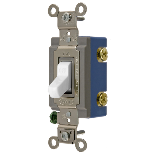 Switches and Lighting Controls, Heavy Duty Construction Series, Toggle Switches, General Purpose AC, Single Pole, 15A 120/277V AC, Back and Side Wired, White, USA