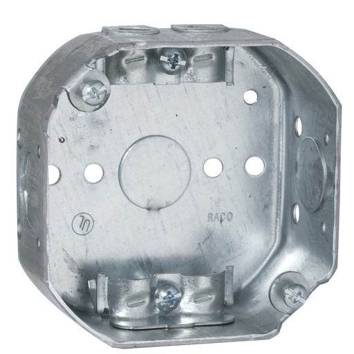 Mayer-DDS-4 in. Octagon Box, Drawn, 1-1/2 in. Deep, Three 1/2 in. KO's & NMSC Clamps, Side Holes, 1/8 in. and 1/4 in-1