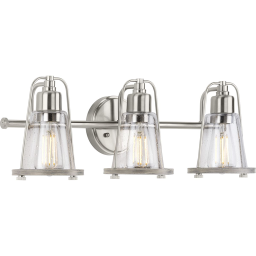 Product image for Progress P300297-009 Conway Collection Three-Light Brushed Nickel and Clear Seeded Farmhouse Style Bath Vanity Wall Light