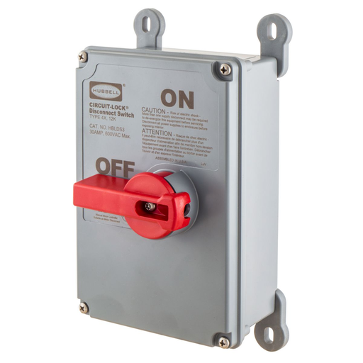 Picture of HBLDS3 - Switches and Lighting Controls, Industrial Grade, Non-Fused Disconnect Switch, Three Pole, 30A 600V AC, Screw Terminals, Gray, NEMA 4X Enclosure,