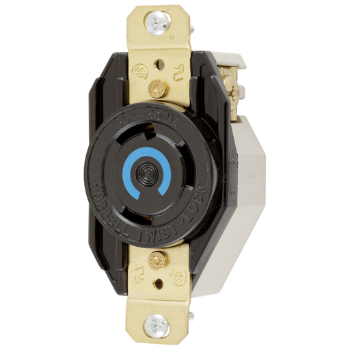 Locking Devices, Twist-Lock®, Single Flush Receptacle, 30A, 250V AC, 2 Pole, 3 Wire Grounding, NEMA L6-30R, Nylon face, Ring terminal connection, Black