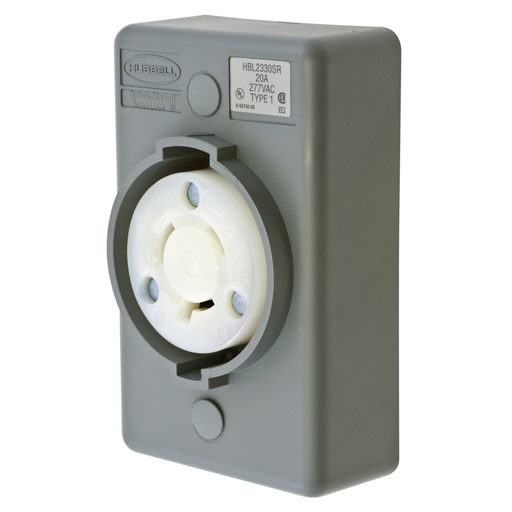 Locking Devices, Twist-Lock®, Safety Shroud, Surface Mount Receptacle, 20A 277V AC, 2-Pole 3-Wire Grounding, L7-20R, Screw Terminal, Gray