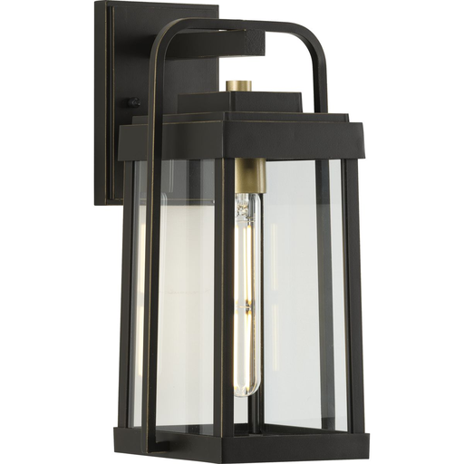 Product image for Progress P560286-020 Walcott Collection One-Light Antique Bronze with Brasstone Accents Clear Glass Transitional Outdoor Wall Lantern Light