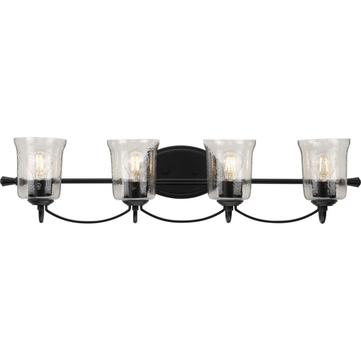 Product image for Progress P300256-031 Bowman Collection Four-Light Matte Black Clear Chiseled Glass Coastal Bath Vanity Light