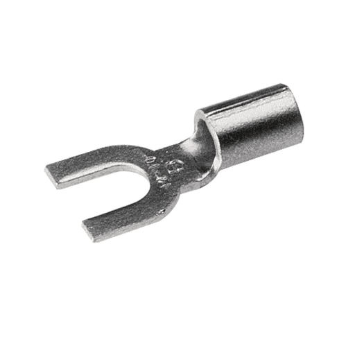 Copper Compression Terminal, Fork Tongue, 12-10 AWG, #8-#10 Stud, Long Barrel, Tin Plated